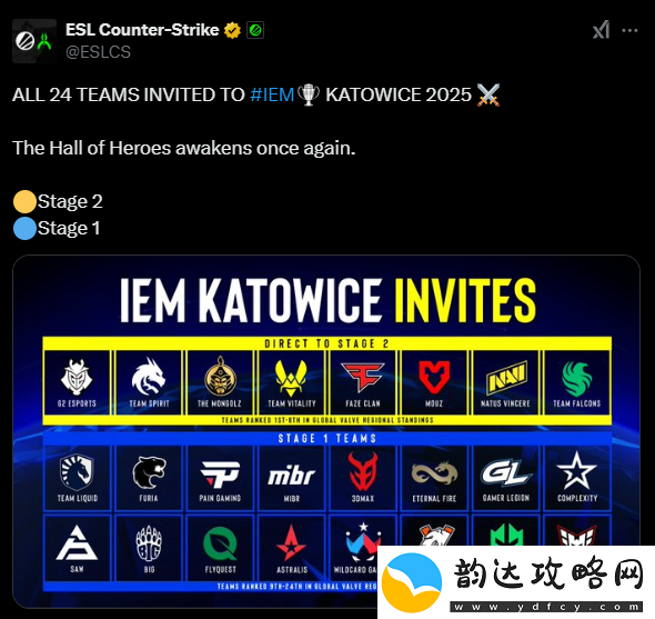 ESL公布IEM卡托维兹2025直邀战队名单